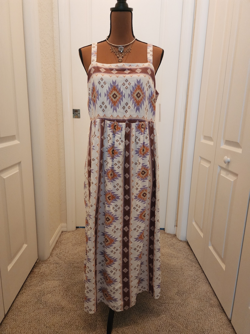 Sonoma Desert Chic White Maxi Dress with Brown and Purple Tribal Print Sz L NWT